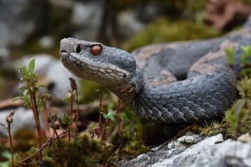 Fototapeta premium Closeup view of a grey male common European viper in a natural habitat featuring rocks and vegetation during daylight