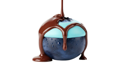 Isolated blueberry covered with chocolate sauce dripping, food presentation, dessert idea