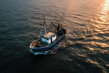 Obraz premium Fishing boat successfully catching fish at sunset while gliding over shimmering ocean waters