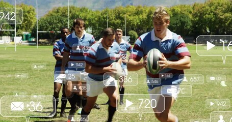 Lead rugby player picking ball and running diagonal drill with social media counters rising