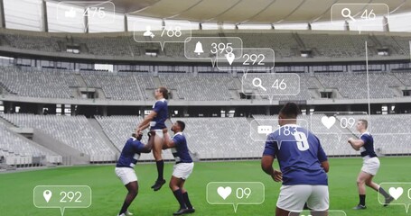 Scrum-half raising hand to start rugby lineout as forwards lifting jumper amid social media overlay - Powered by Adobe