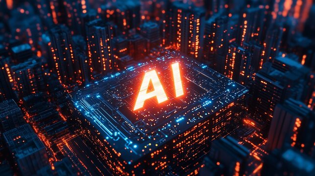 AI circuit board glowing in city landscape