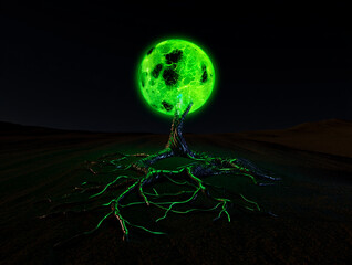Glowing green orb atop alien tree with luminous roots