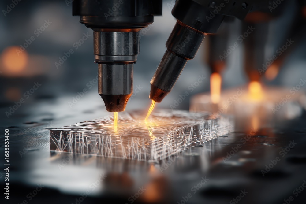 Poster precision engineering robotic arms creating intricate designs with glowing tools in a modern manufac