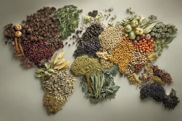 Creative world map crafted from various herbs, spices, and seeds showcasing global botanical diversity