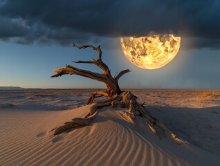 Gnarled driftwood on sand dune under stormy sky with glowing orb