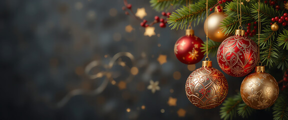 Elegant Christmas ornaments hanging on festive pine tree with shiny red and gold decorative balls creating joyful holiday atmosphere and seasonal decor for celebration