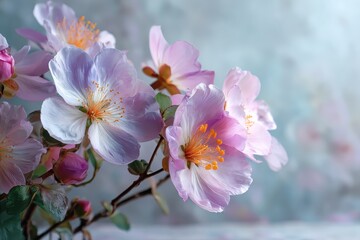 Obraz premium Charming arrangement of soft pastel flowers on a light backdrop bringing a touch of elegance to the setting