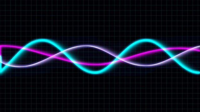 Pulse wave oscilloscope animation with glowing moving signals representing sound frequency  music  and technical visuals.