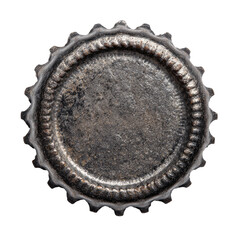 Close-up of a dark, aged metal bottle cap.  Rounded, scalloped edges encircle a flat, textured center.  Distressed patina gives it a vintage feel