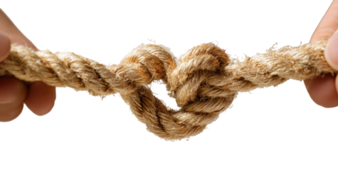 Two hands pull a rope, the knot straining
