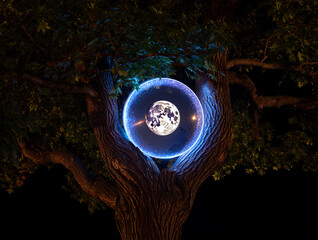 Illuminated Moon Sphere in Tree Branches at Night glowing