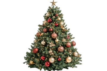 Christmas tree decorated with colorful ornaments, lights and a golden star on top isolated against a white background