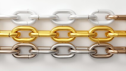 Obraz premium Three metallic chains in varying shades of gold, silver and white, displayed horizontally against a plain white background