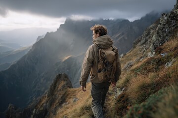 Fototapeta premium Caucasian male explores rugged mountain landscape while hiking during overcast weather in the late afternoon, showcasing nature's beauty and personal adventure