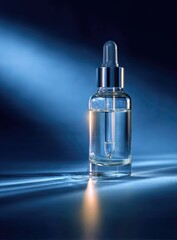 Naklejka premium Clear glass dropper bottle, lit by dramatic blue light, on a dark reflective surface