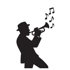 Silhouette of a man playing the trumpet with music notes isolated on white background