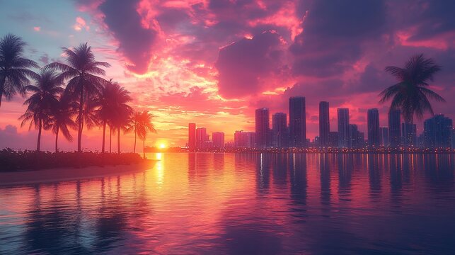 Sunset illuminates city skyline and palm trees over calm water