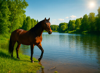 Bay horse standing by the lake on a sunny summer day with green trees around.