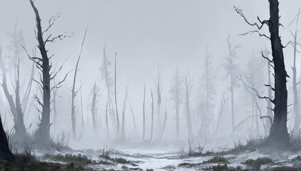 A desolate, misty forest.  Bare, skeletal trees stand in a foggy, flat landscape
