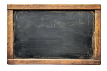 Old black chalkboard with wooden frame, dark slate with chalk residue, for school lessons, education, or menu board