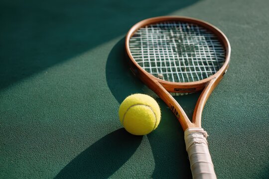 Yellow tennis ball rests beside a wooden racket on a green court during the spring, inviting players to engage in energetic matches and enjoyable leisure activities