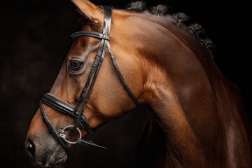 Elegant sport horse captured in a realistic representation, showcasing its noble stature and refined features against a dark backdrop in a studio setting