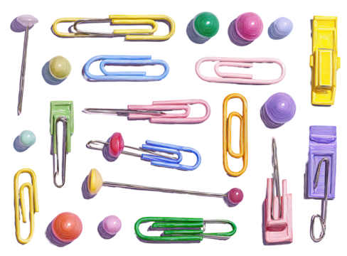 Assorted colorful paperclips and small, round objects. 