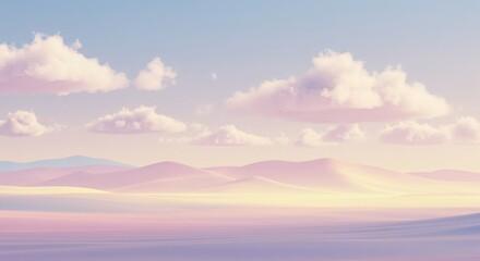 Fototapeta premium Soft pastel clouds drift over rolling hills bathed in the gentle light of dawn or dusk.