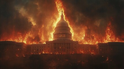 Government building ablaze, engulfed in flames, dramatic scene, Washington D.C.