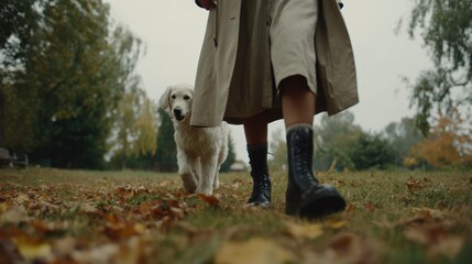Dog and owner on autumn leaves, low angle view, neutral color palette