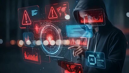 Mysterious hooded figure analyzing data with futuristic holographic interface, AI, cyber security breach concept - Powered by Adobe