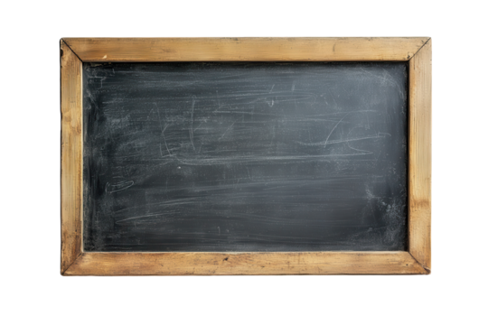 Old black chalkboard with wooden frame, dark slate with chalk residue, for school lessons, education, or menu board