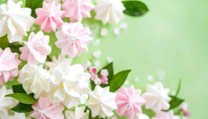 Fototapeta premium Delicate pink and white meringues on a pastel green background