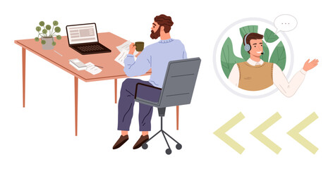 Man sitting at office desk with laptop, papers, coffee, communicating with headset-wearing colleague online. Ideal for remote work, virtual collaboration, productivity, communication, online