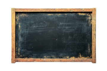 Old black chalkboard with wooden frame, dark slate with chalk residue, for school lessons, education, or menu board