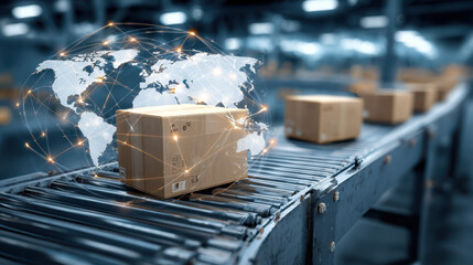 Efficient package handling global distribution center logistics operations modern warehouse conveyor system supply chain management