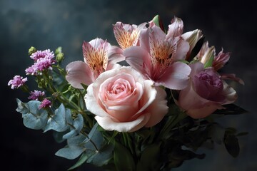 Beautiful bouquet of fresh flowers featuring pastel roses and colorful alstroemeria designed for Mother's Day celebration