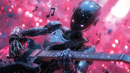 Robot plays electric guitar, immersed in musical notes and ambient, blurred background.