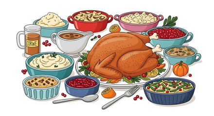 A thanksgiving feast illustration featuring a turkey and various side dishes in colorful bowls ai generated