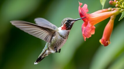 Fototapeta premium Hummingbird and Coral Trumpet Macro | Exuberant Nature Wall Art.