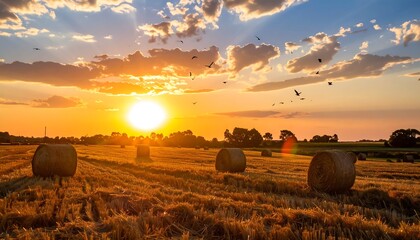 Golden hay bales at sunset