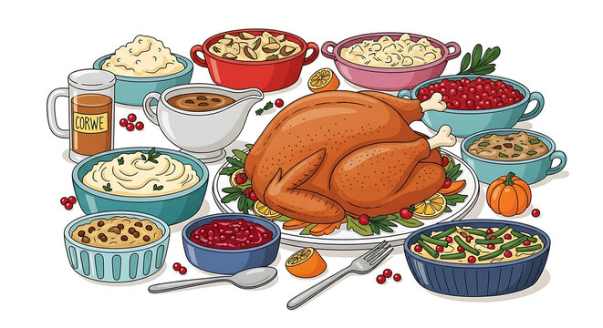 A thanksgiving feast illustration featuring a turkey and various side dishes in colorful bowls ai generated