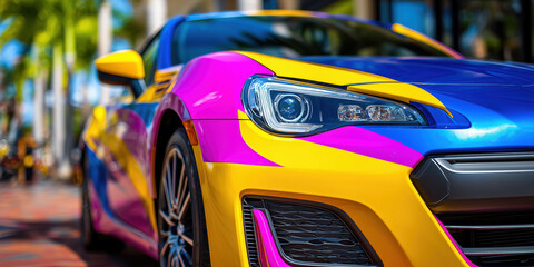 Colorful sports car parked on city street showcasing modern automotive design