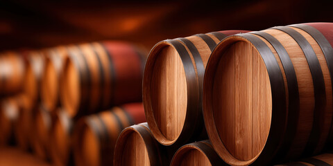 Wine cellar with stacked oak barrels aging wine
