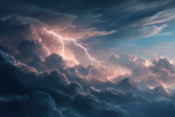 Majestic lightning strike illuminates dark clouds above a serene landscape during a vibrant sunset in a vivid anime-style background