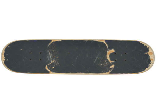 PNG of realistic skateboard with worn grip tape, isolated cut-out on transparent background