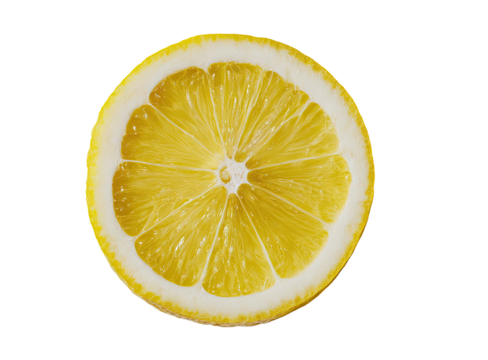 Close-up of a perfectly round lemon slice.  Bright yellow citrus fruit,  radiating segments,  a central pith