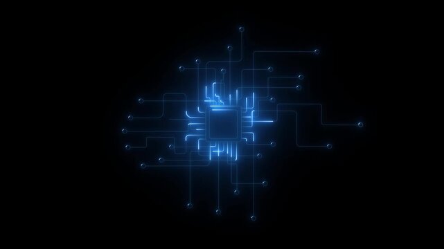 Artificial intelligence Data Transfer electronic board. Glowing Technology Abstract Animation Digital Circuit Board Glowing Lines Nodes Network. international data communication network concept. 