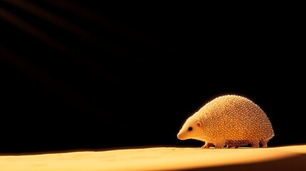 Obraz premium Tiny hedgehog illuminated by sunlight on a sandy surface
